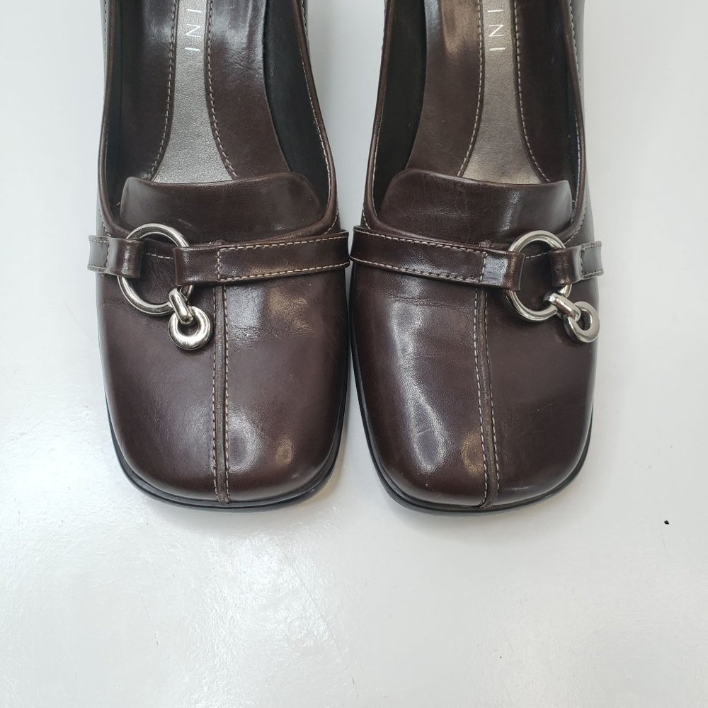 Gianni Bini Square Toe Pump Sz 7 Brown Leather Slip On Heeled Career Dress Shoe - Picture 3 of 11